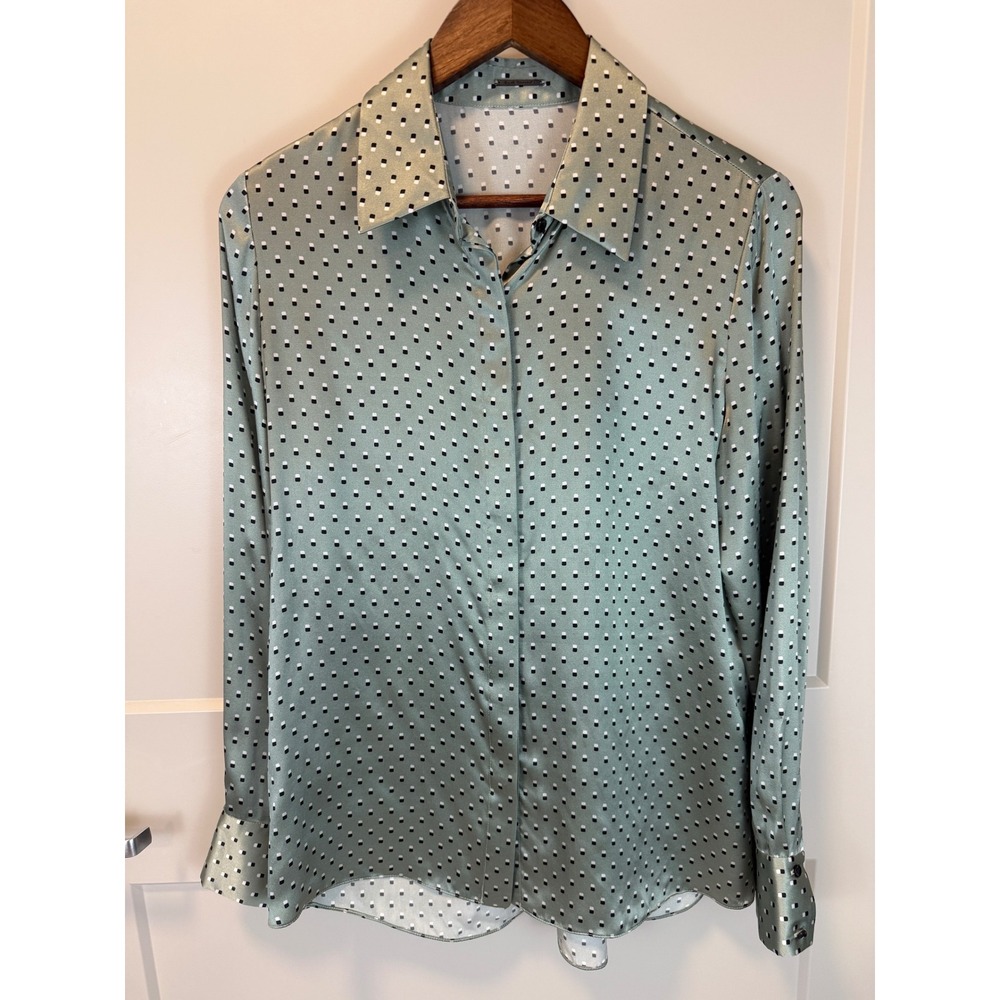 Elie Tahari Silk Button Up Blouse Ruched‎ back waist Size L Sage Geometric Print